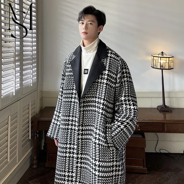 Пальто мужское шерстяное в клетку, очаровательное пальто в стиле тысячи птиц, зимняя плотная ветровка в Корейском стиле, средней длины