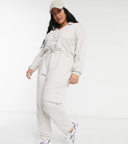 Свободный кремовый комбинезон с отложным воротником и завязкой на талии ASOS DESIGN Curve-Белый
