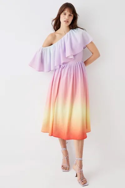 Платье миди на одно плечо с принтом Sunset и эффектом омбре Coast, мультиколор