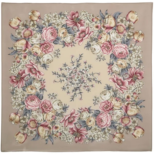 Платок женский Павловопосадский платок 1595 кремовый/розовый, 89x89 см