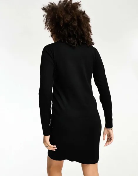 Черное мини-платье-джемпер предметной вязки с высоким воротником Object