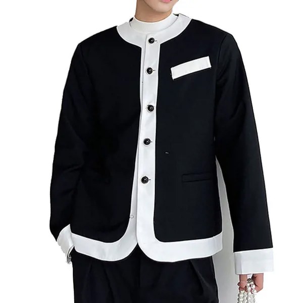 Мужской винтажный Свободный Повседневный блейзер без воротника, брендовая модная уличная одежда, пальто, пиджак, черный, белый