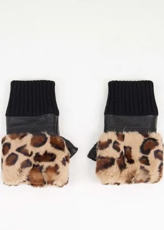 Кожаные перчатки без пальцев с леопардовым принтом и отделкой из искусственного меха Jayley-Коричневый цвет