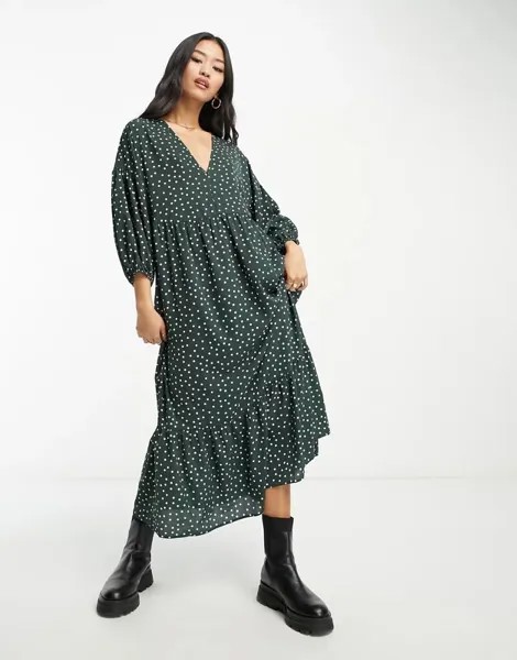 Платье миди без рукавов в горошек ASOS бутылочно-зеленого цвета