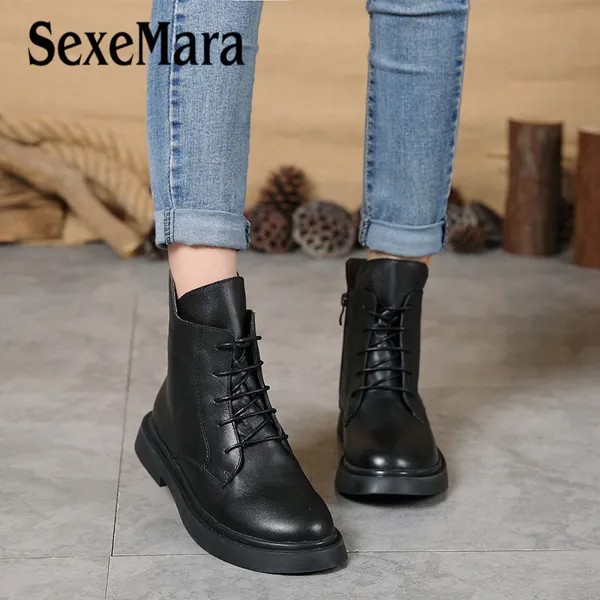Женские ботильоны из натуральной кожи SexeMara, однотонные черные винтажные теплые ботинки на плоской подошве, на шнуровке, в стиле ретро, зима-...