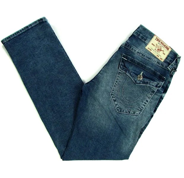 Мужские джинсы True Religion RICKY 32 x 34 с клапанами на заднем кармане, темно-синий, расслабленный