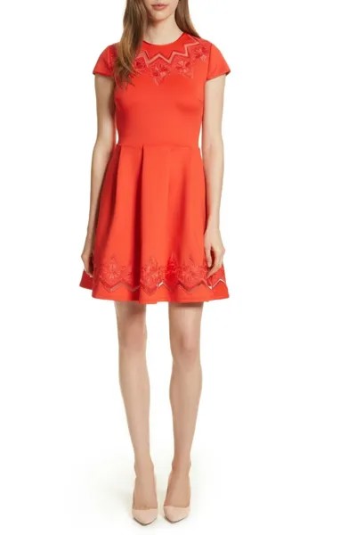 Ярко-красное сетчатое кружевное платье Cheskka с расклешенной юбкой TED BAKER 1 2/4