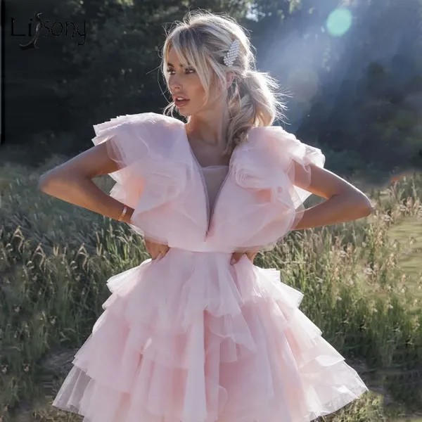 Короткие коктейльные платья нежно-розовый тюль, шикарное мини-платье с оборками в несколько рядов для выпускного вечера для девочек, недоро...