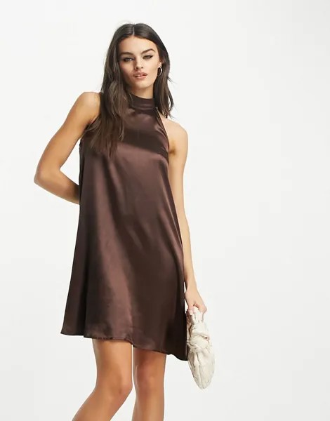 Шоколадно-коричневое атласное мини-платье с высоким воротником Urban Threads