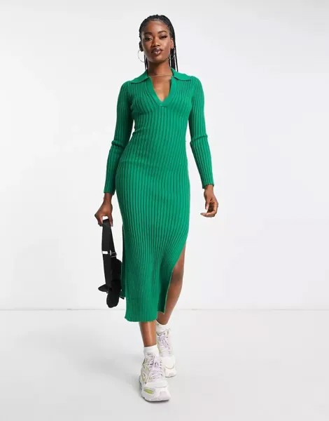 Эксклюзивное зеленое трикотажное платье миди в рубчик In The Style x Billie Faiers с воротником