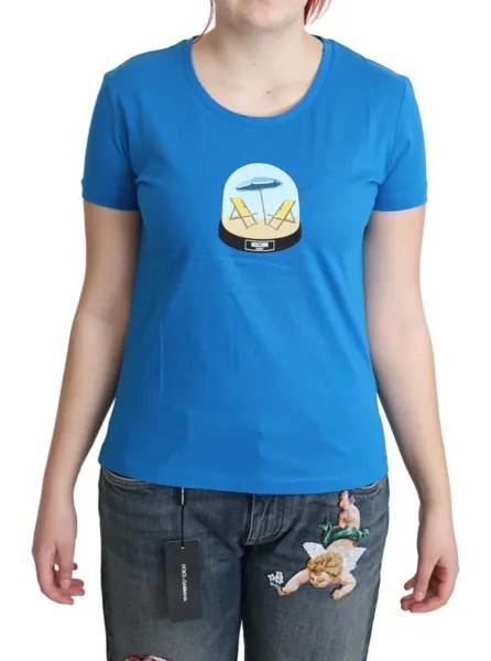 Футболка MOSCHINO Синяя хлопковая футболка с принтом и короткими рукавами IT44/US10/L $260