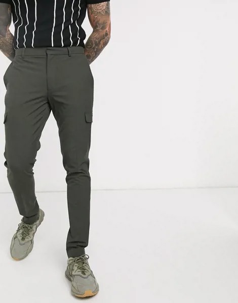 Строгие супероблегающие брюки цвета хаки с карманами карго ASOS DESIGN-Зеленый