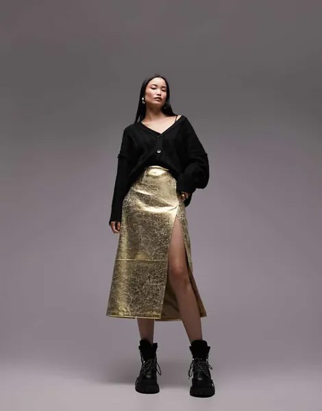 Золотая юбка миди с разрезом и швами Topshop