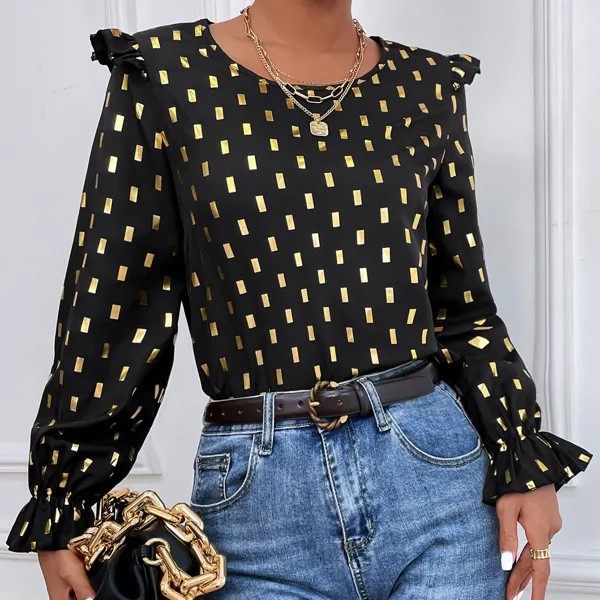 Блуза золотистый с геометрическим принтом с рукавами-воланами с оборкой