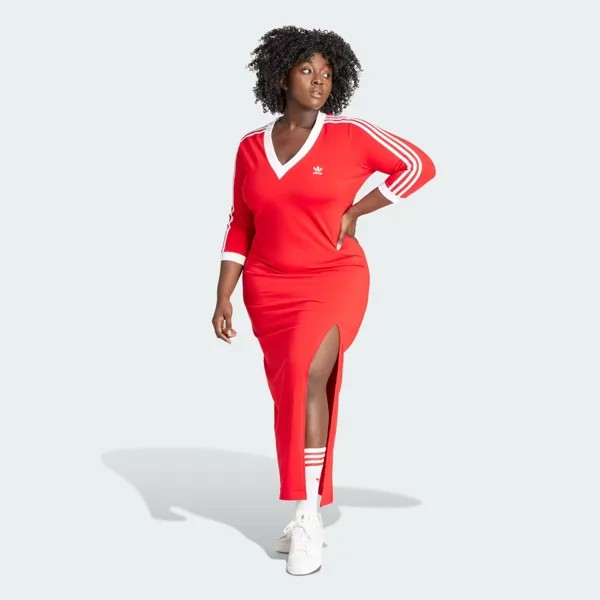 Платье макси с 3 полосками и V-образным вырезом Adicolor Classics (большие размеры) Adidas, цвет Better Scarlet