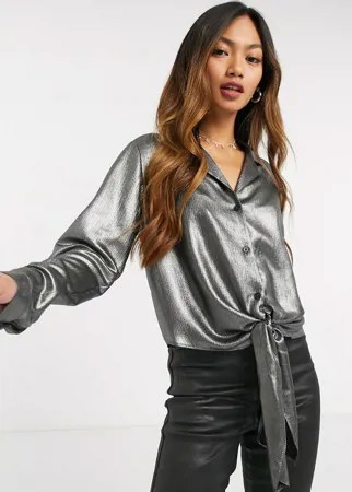 Серебристая рубашка с эффектом металлик и завязкой спереди ASOS DESIGN-Серебряный