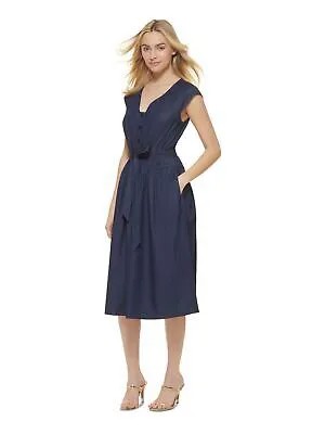DKNY Womens Blue Button Details Tie Belt Cap Sleeve Midi Fit + Flare Dress 2
