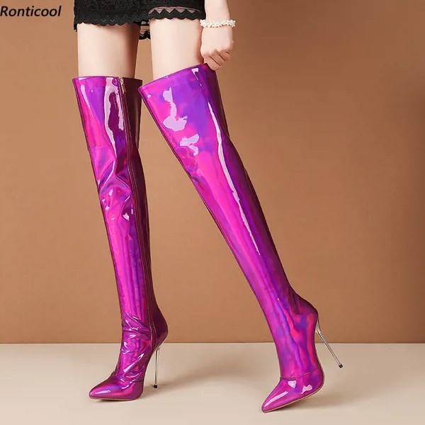 Женские блестящие Сапоги выше колена Ronticool Coo, туфли на высоком каблуке 12 см с острым носком, вечерняя Обувь фиолетового, золотого, розового, красного цветов, размеры 5-13