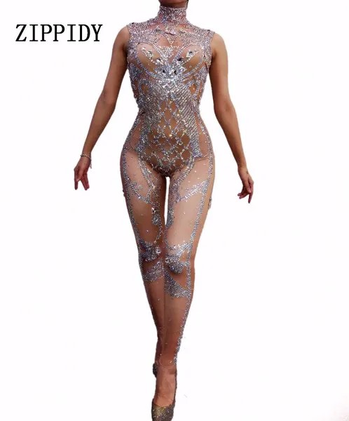 Модный сексуальный комбинезон с блестящими серебристыми кристаллами, Женский праздничный телесный костюм, Женское боди для певицы, танцевальная одежда для выступлений