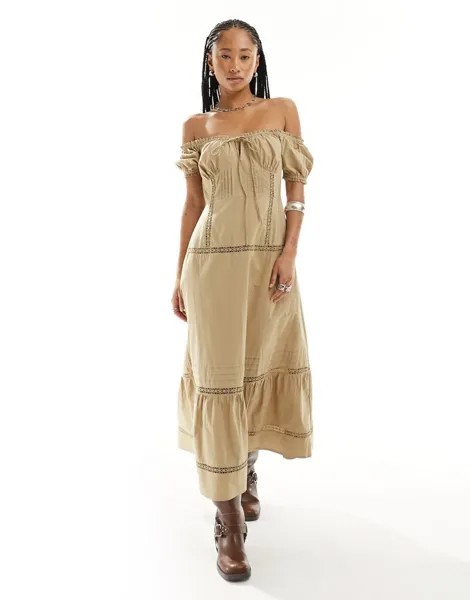 Плиссированное платье миди цвета хаки с открытыми плечами ASOS DESIGN