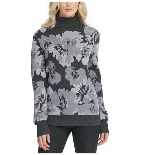 Свитер DKNY S серый с принтом светло-серые цветы с горлом Women's Turtleneck Floral Sweater Gray