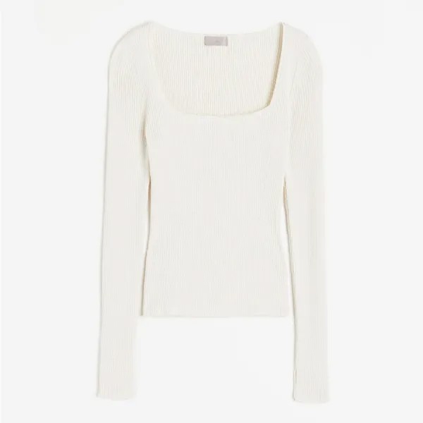 Лонгслив H&M Square-neck Rib-knit, кремовый