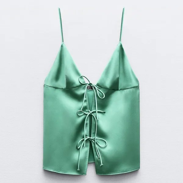 Топ Zara Satin-finish With Bows, зеленый