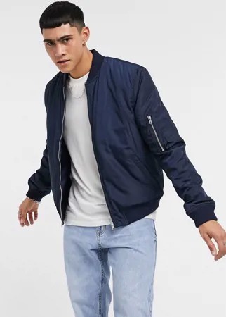 Темно-синий стеганый бомбер с карманом MA1 на рукаве ASOS DESIGN