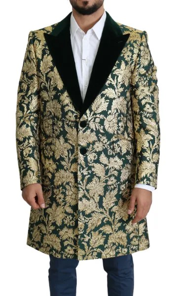 DOLCE - GABBANA Куртка SICILIA Жаккардовое длинное пальто зеленого и золотого цвета IT52/US42/ XL $4000