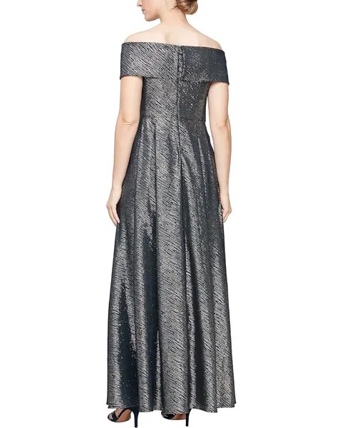 Платье Alex Evenings Stretch Jacquard Off The Shoulder Ballgown with Full Skirt and Pockets, цвет Navy Gold