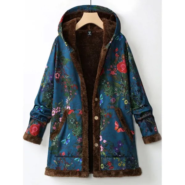 Повседневное свободное пальто из утолщенного кашемира с цветочным принтом и капюшоном