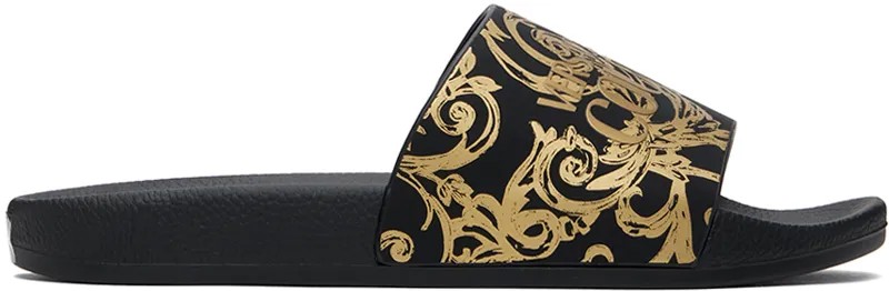 Черные шлепанцы от кутюр с акварелью Versace Jeans Couture, цвет Black/Gold