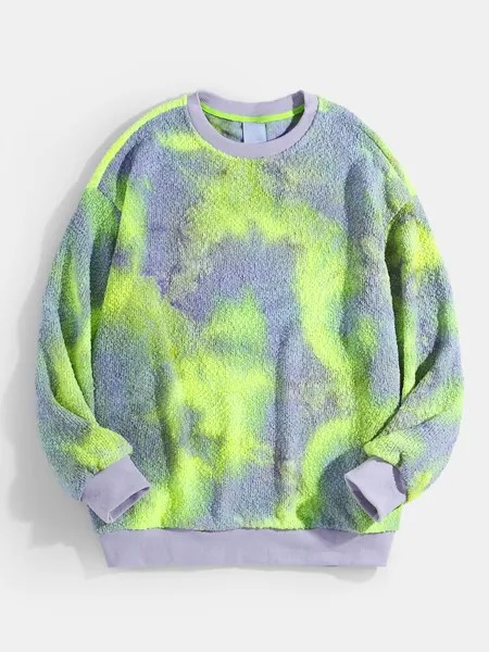Mens Tie-Dye Fleece Crew Шея Хлопковый повседневный свободный пуловер с капюшоном