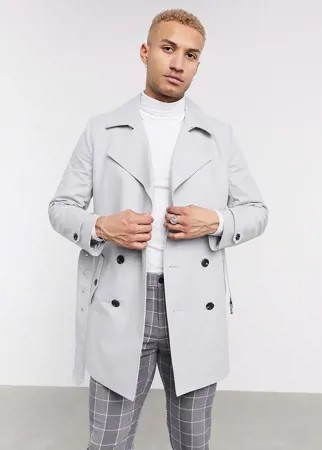 Серый двубортный тренч с поясом ASOS DESIGN