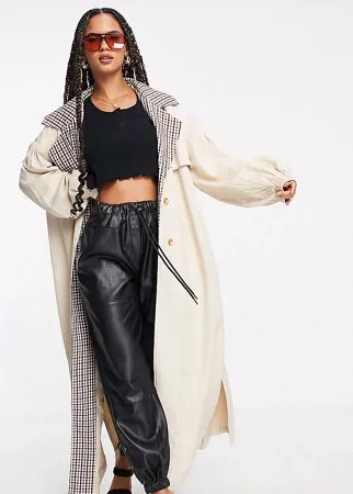 Тренч песочного цвета с объемными рукавами и принтом в клетку на воротнике Missguided-Светло-бежевый цвет