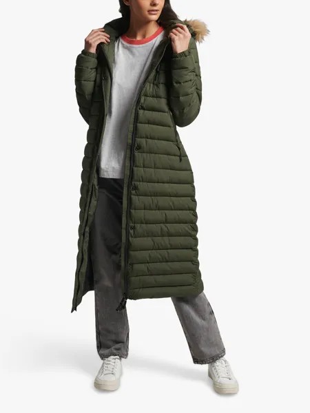 Стеганое удлиненное пальто Superdry Fuji, цвет темный мох
