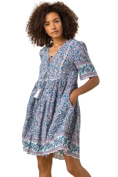 Чайное платье с цветочным принтом и каймой Roman, синий