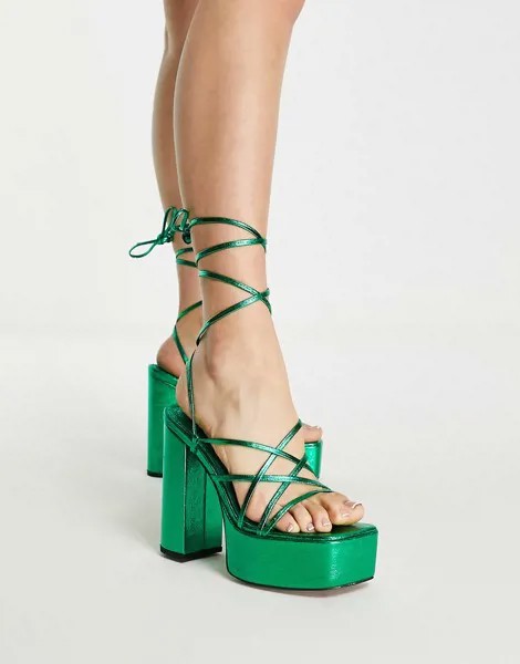 Босоножки на каблуке и платформе с ремешками зеленого цвета с эффектом металлик ASOS DESIGN Nanon-Зеленый цвет