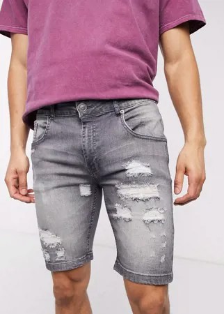 Узкие серые джинсовые шорты с рваной отделкой Soul Star-Серый