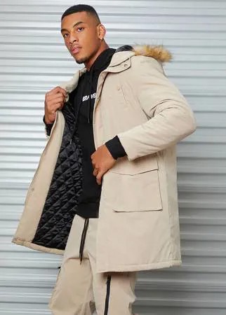 Для мужчины Зимнее пальто с карманом из плюша с отделкой с капюшоном на молнии