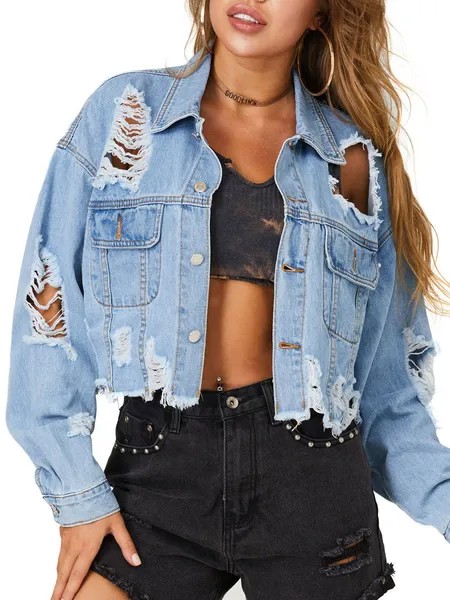 Milanoo Women Denim Jacket Turndown Collar Long Sleeve Cut Out Cowboy Blue Overcoat