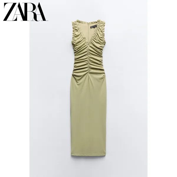 Zara весенняя новинка, женское многослойное декоративное платье миди TRF 3067313 513, цвет Зеленое яблоко
