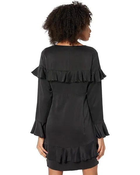 Платье Chaser Long Sleeve V-Neck Ruffle Mini Dress, реальный черный