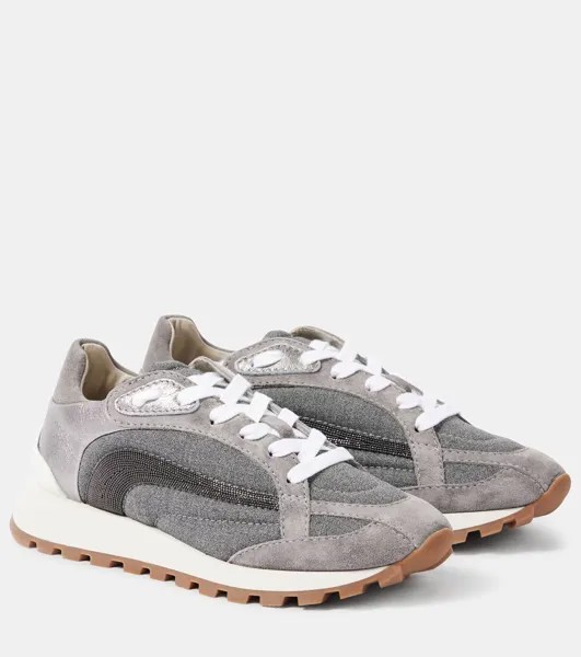 Кроссовки с кожаной отделкой, украшенные монили Brunello Cucinelli, цвет medium grey