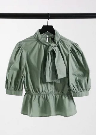 Шалфейно-зеленая блузка из хлопка и поплина с бантом на шее Influence-Зеленый