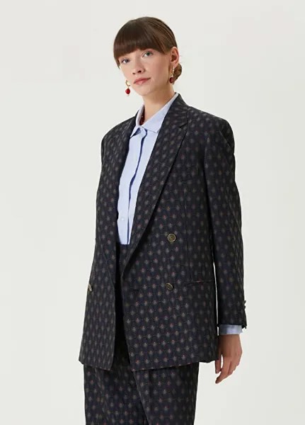 Двубортное шерстяное пальто с узором Etro, синий
