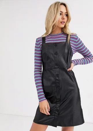 Черный сарафан из искусственной кожи на пуговицах New Look