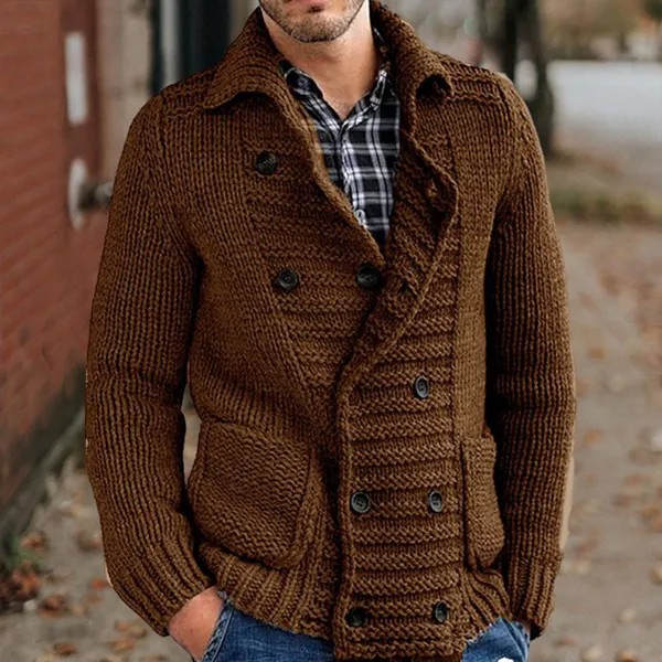 Зимний свитер, пальто с лацканами, однотонный двубортный кардиган с длинными рукавами, теплая мягкая эластичная вязаная осенняя куртка, Мужская одежда
