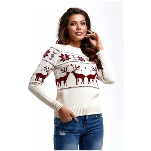 Шерстяной свитер, классический скандинавский орнамент с Оленями и снежинками, натуральная шерсть, молочный цвет, бордовый рисунок, размер M