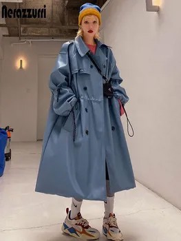 Nerazzurri оверсайз синий длинный кожаный тренч женский с рукавами реглан на шнуровке Свободный повседневный непромокаемый кожаный плащ  пальто женское осень, женская одежда из кожи 2020